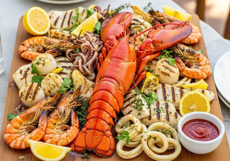 BRUNCH PLATTER.  ( grilled lobster, grilled prawns) Grilled squid, served with sweet corn Potatoes. Garlic sauce and salsa Salad